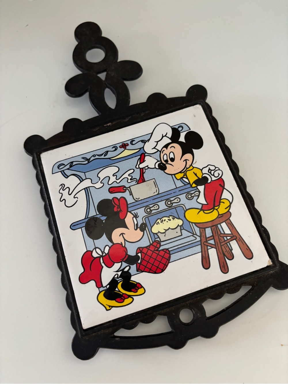 Disney Vintage Mickey & Minnie Cooking Ceramic Tile Trivet - 1970s